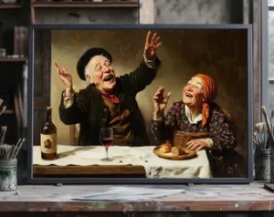 painting of two people laughing