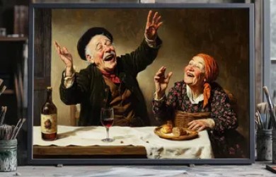 painting of two people laughing