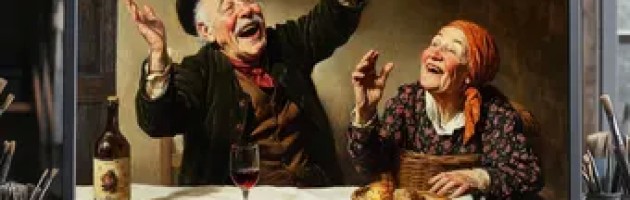 painting of two people laughing