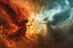painting of angels confronting demons