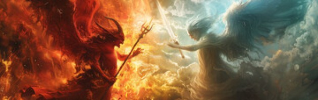 painting of angels confronting demons